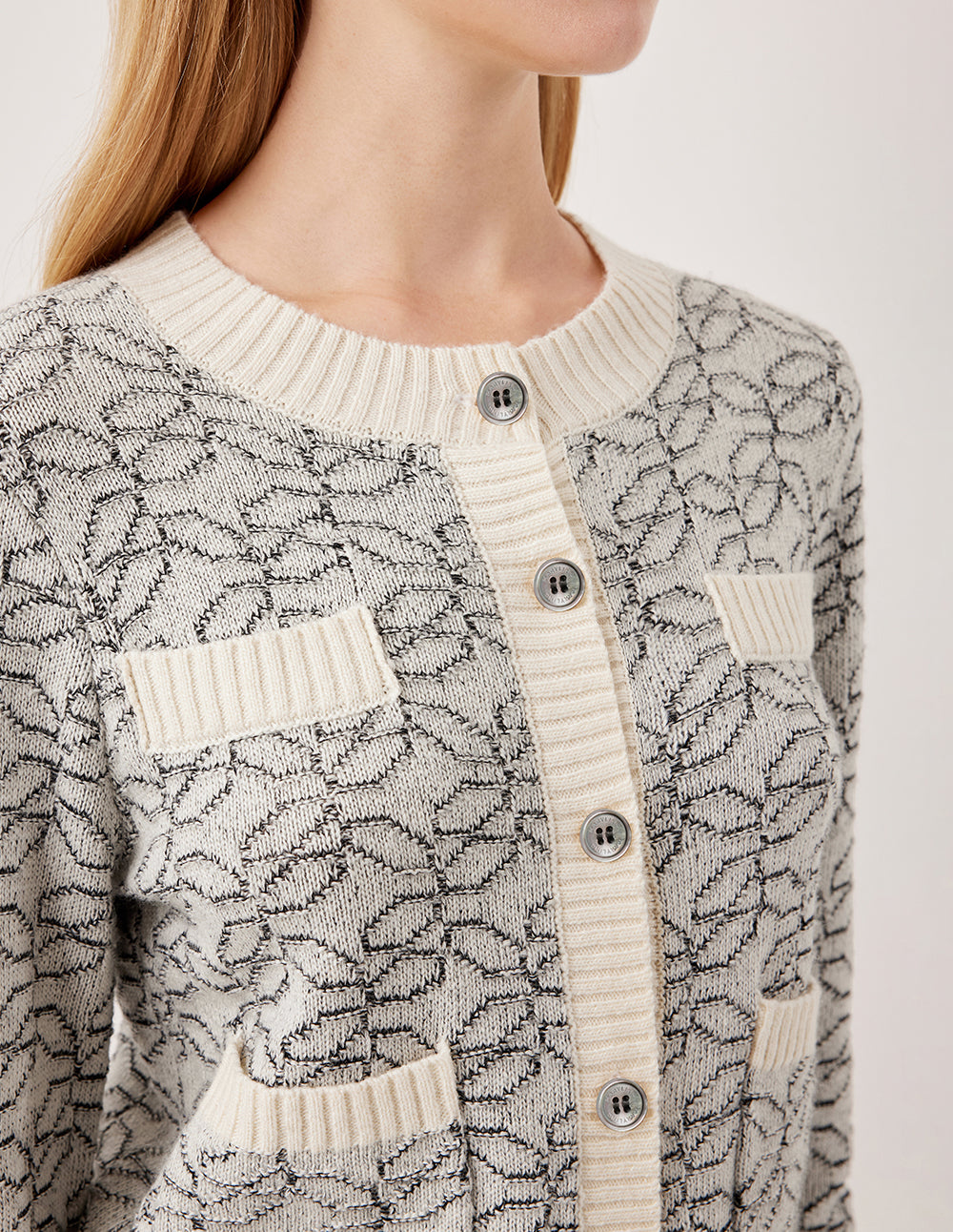 MARYLING Ribbed Round Neck Long Sleeve Printed Wool Knit Cardigan