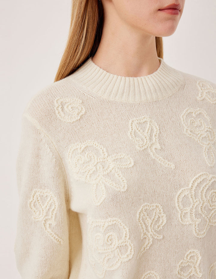 MARYLING Ribbed Round Neck Merino Wool Off-White Jacquard Pullover Sweater