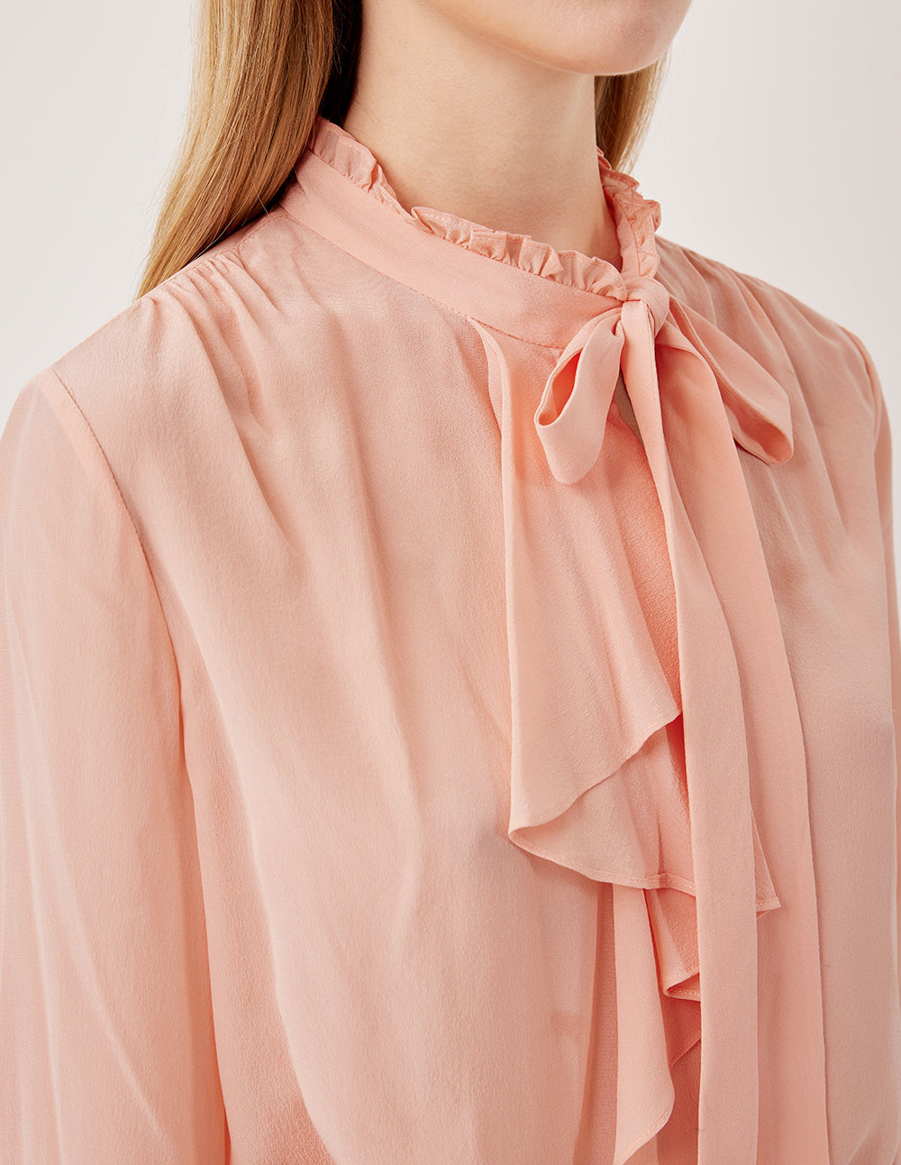 MARYLING Bowknot Ruffled Stand Collar Long Sleeve Mulberry Silk Blouse