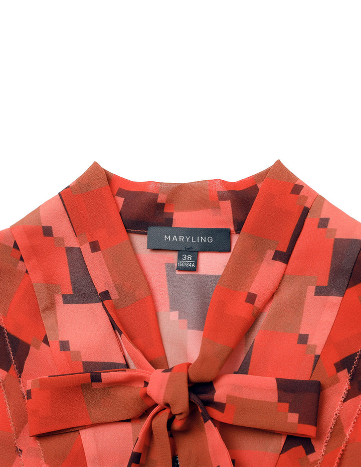 MARYLING Red Houndstooth V-Neck Tie-Front Blouse