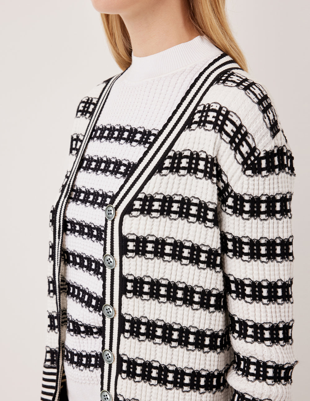 MARYLING V-Neck Long Sleeve Lace Textured Stripe Knit Cardigan