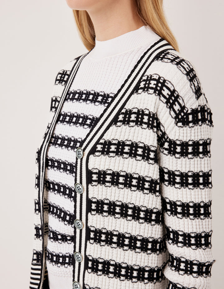 MARYLING V-Neck Long Sleeve Lace Textured Stripe Knit Cardigan