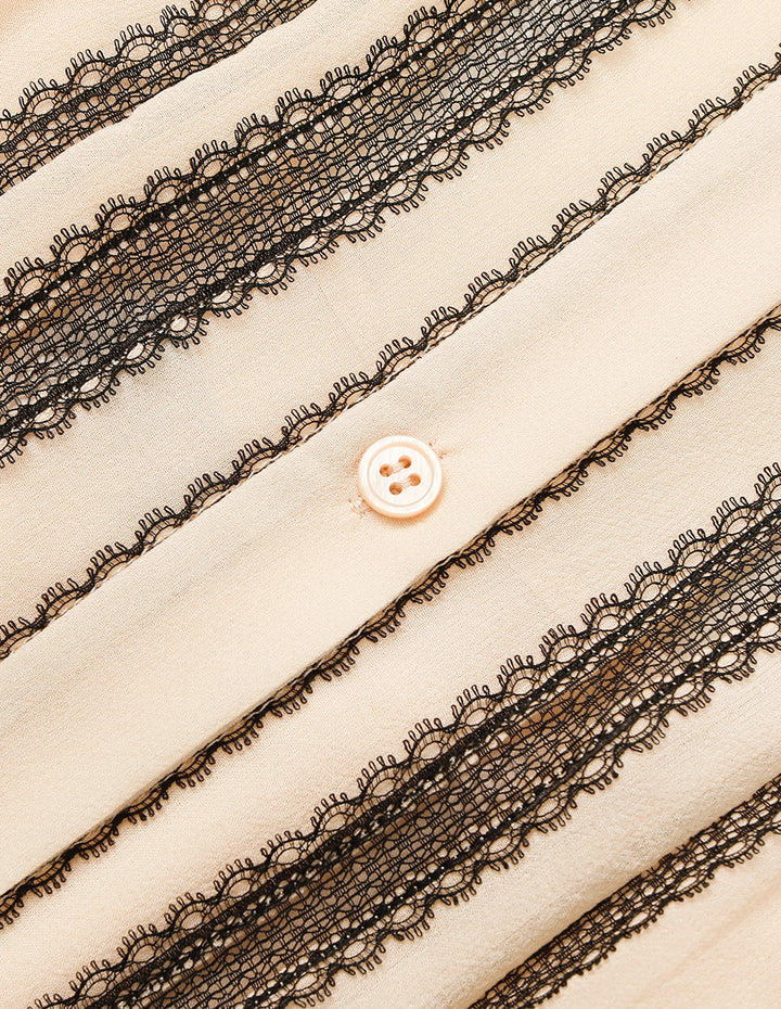 MARYLING Mandarin Collar Long-Sleeve Lace-Ruffle-Trim Silk Blouse