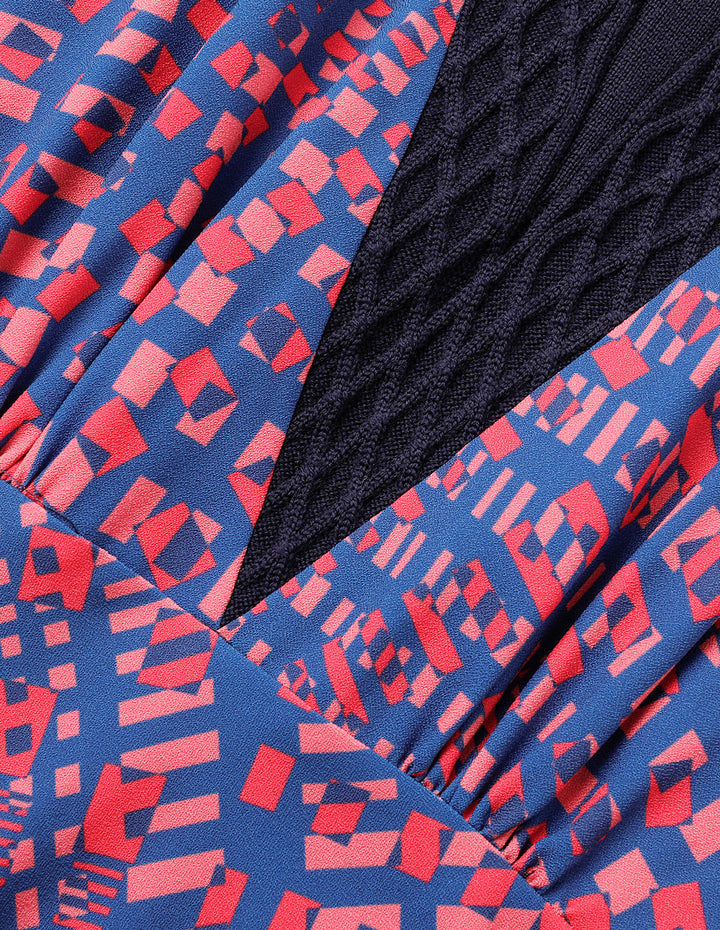 MARYLING Stand Collar Long-Sleeve Printed Patchwork Midi Knitted Dress