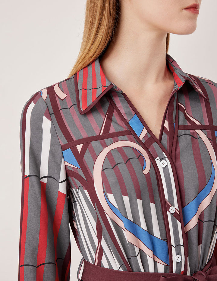 MARYLING Collared Pink-Purple Contrast Abstract Stripe Belted Long Shirt Dress