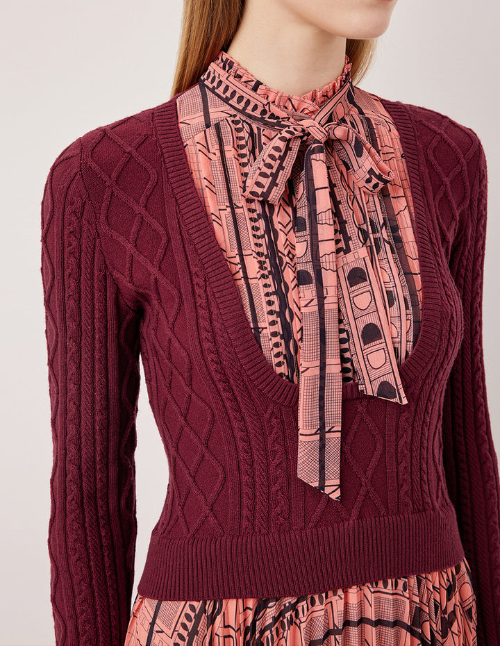 MARYLING Ruffled Turtleneck Tie-Up Printed Patchwork Pleated Knit Midi Dress