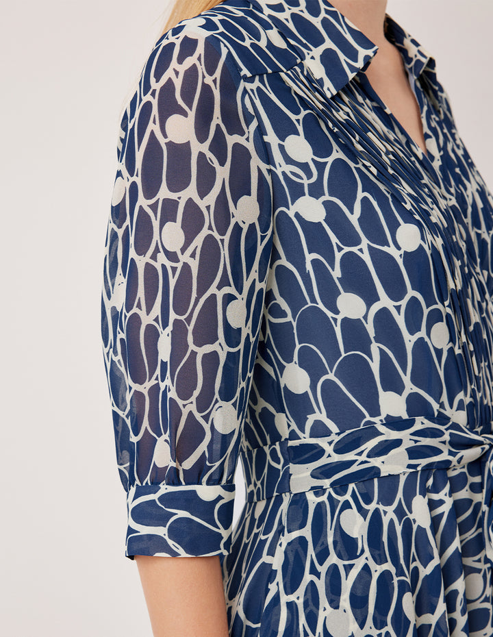 MARYLING V-Neck Puff Sleeve Pin Tuck Glass-Bead Print Shirt Dress