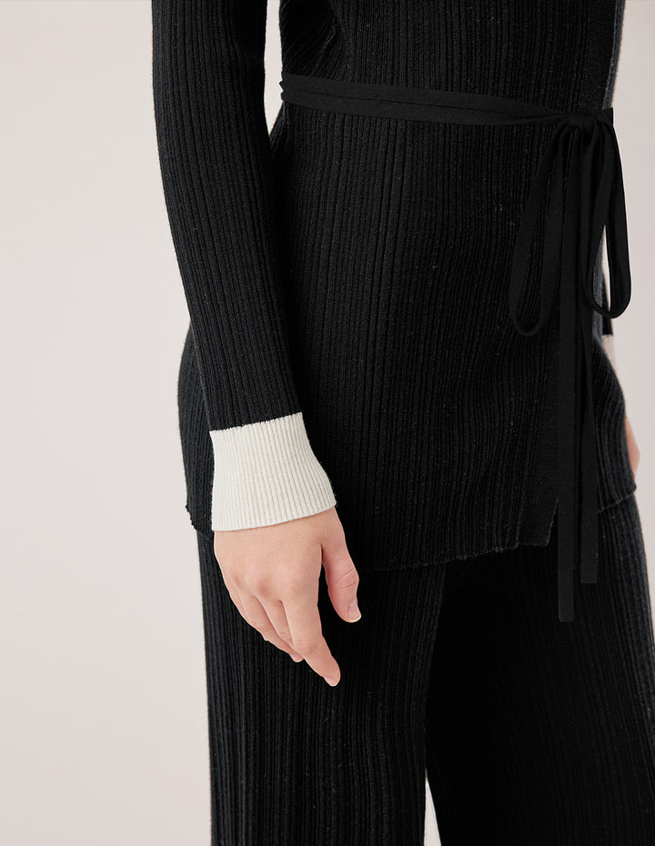 MARYLING Lapel Long Sleeve Belted Wool Long Knit Cardigan