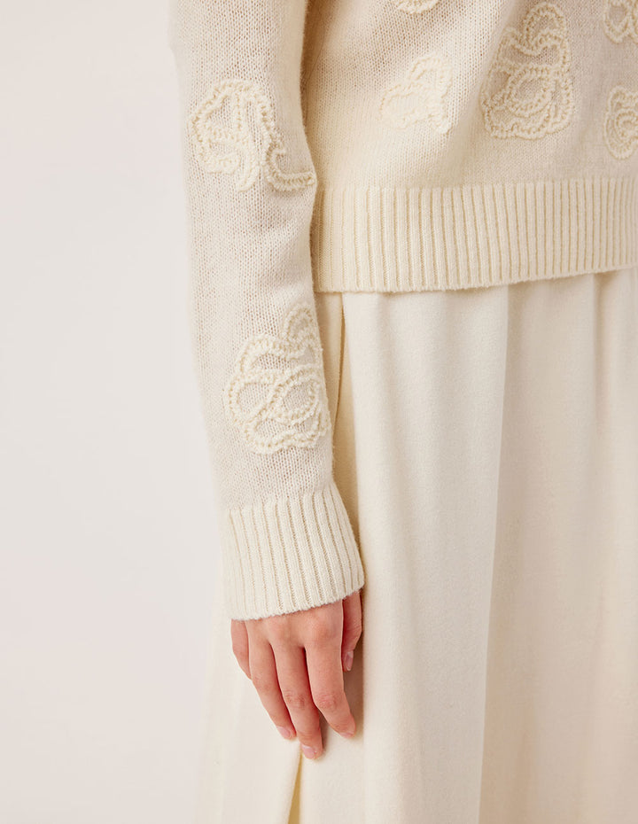 MARYLING Ribbed Round Neck Merino Wool Off-White Jacquard Pullover Sweater