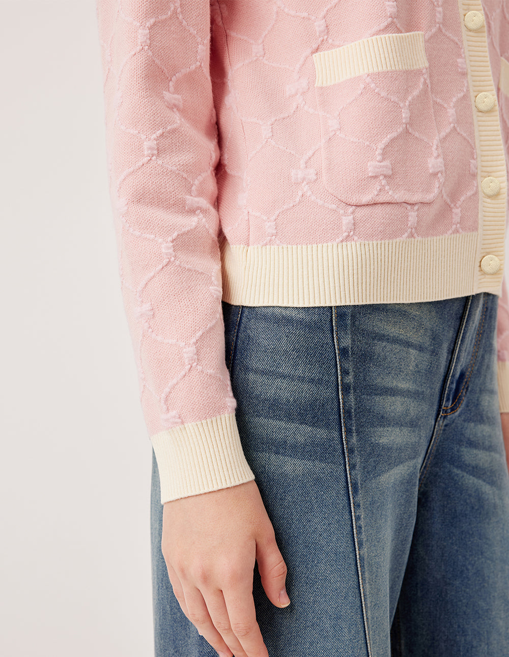 MARYLING Round Neck Long-Sleeve Beige Stripe Trim Knit Cardigan