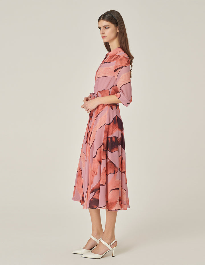 MARYLING 3/4 Sleeve Swing Print Shirt Dress