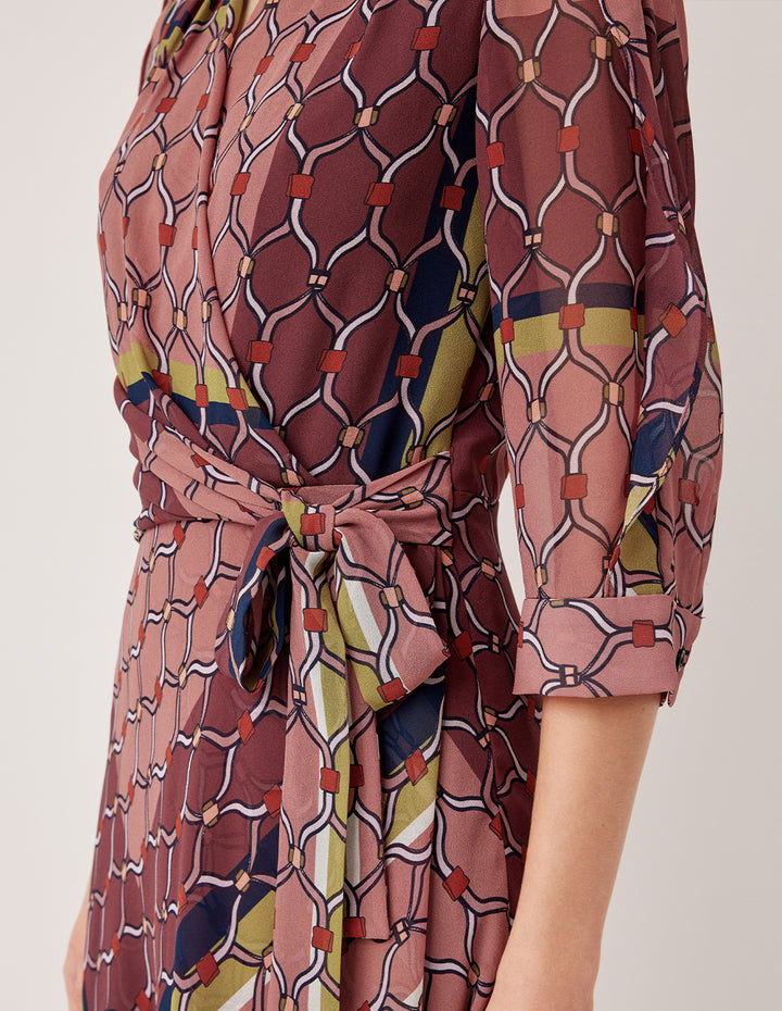 MARYLING V-Neck 3/4 Sleeve Wrap Midi Dress with Geometric Print