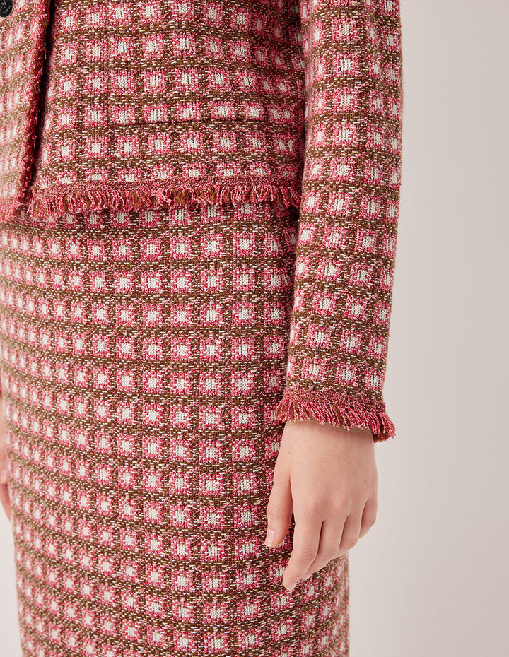 MARYLING Round Neck Long Sleeve Plaid Double-Breasted Knit Cardigan