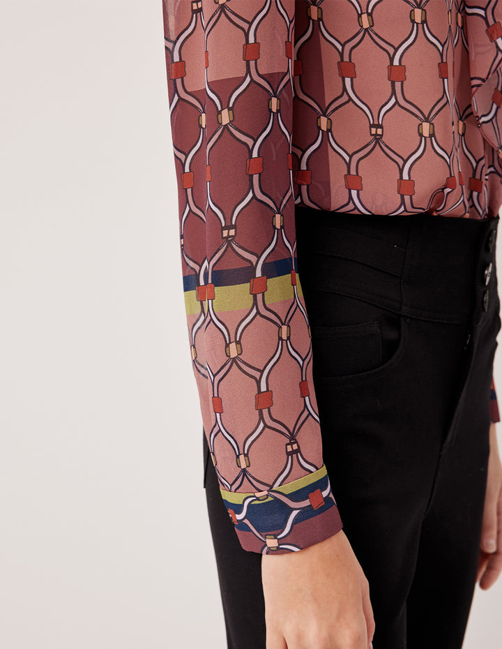 MARYLING Tie-Neck Long Sleeve Geometric Print Blouse