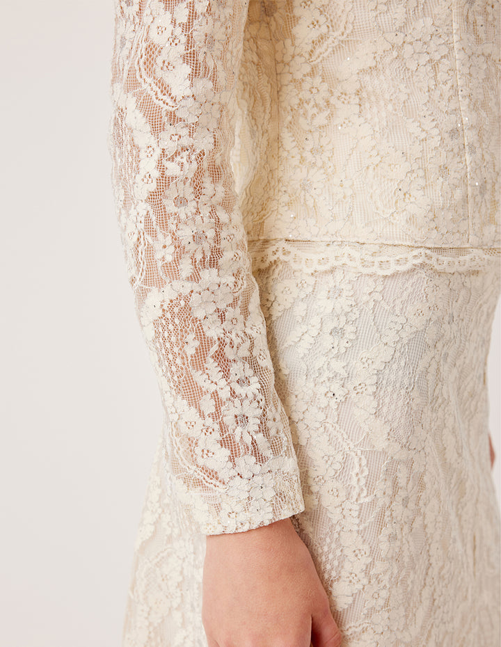 MARYLING Round Neck Lace Embroidered Sequin Long Sleeve Top