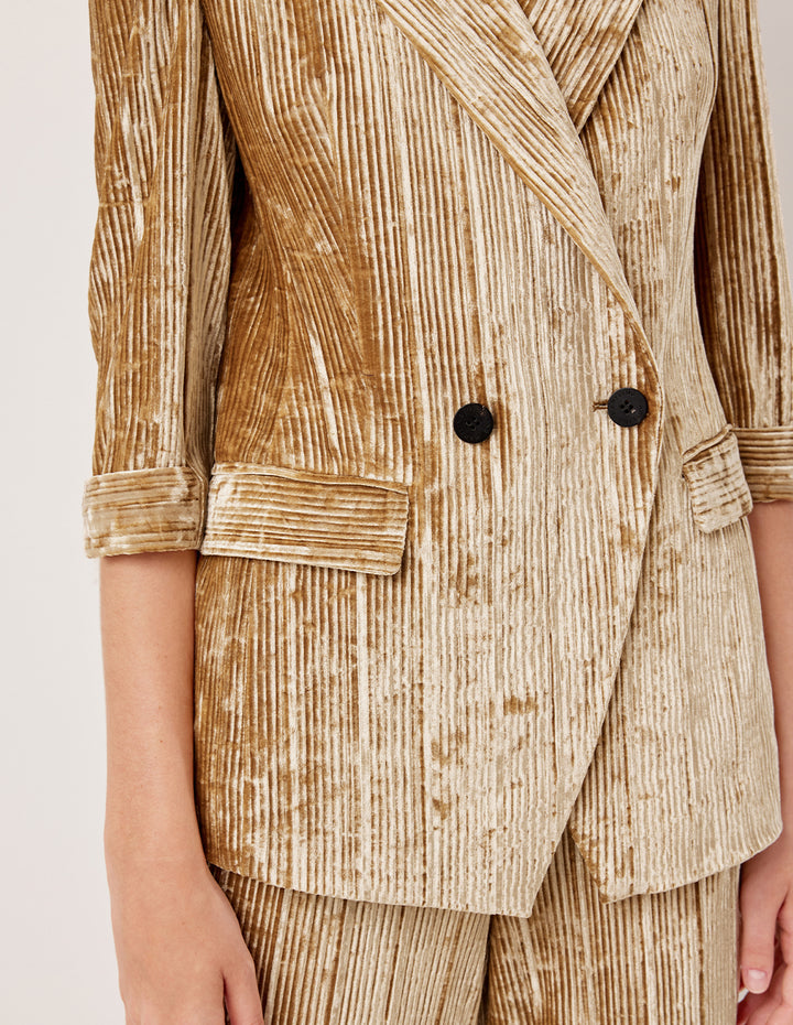 MARYLING Peak Lapel Double-Breasted 3/4 Sleeve Golden Velvet Blazer