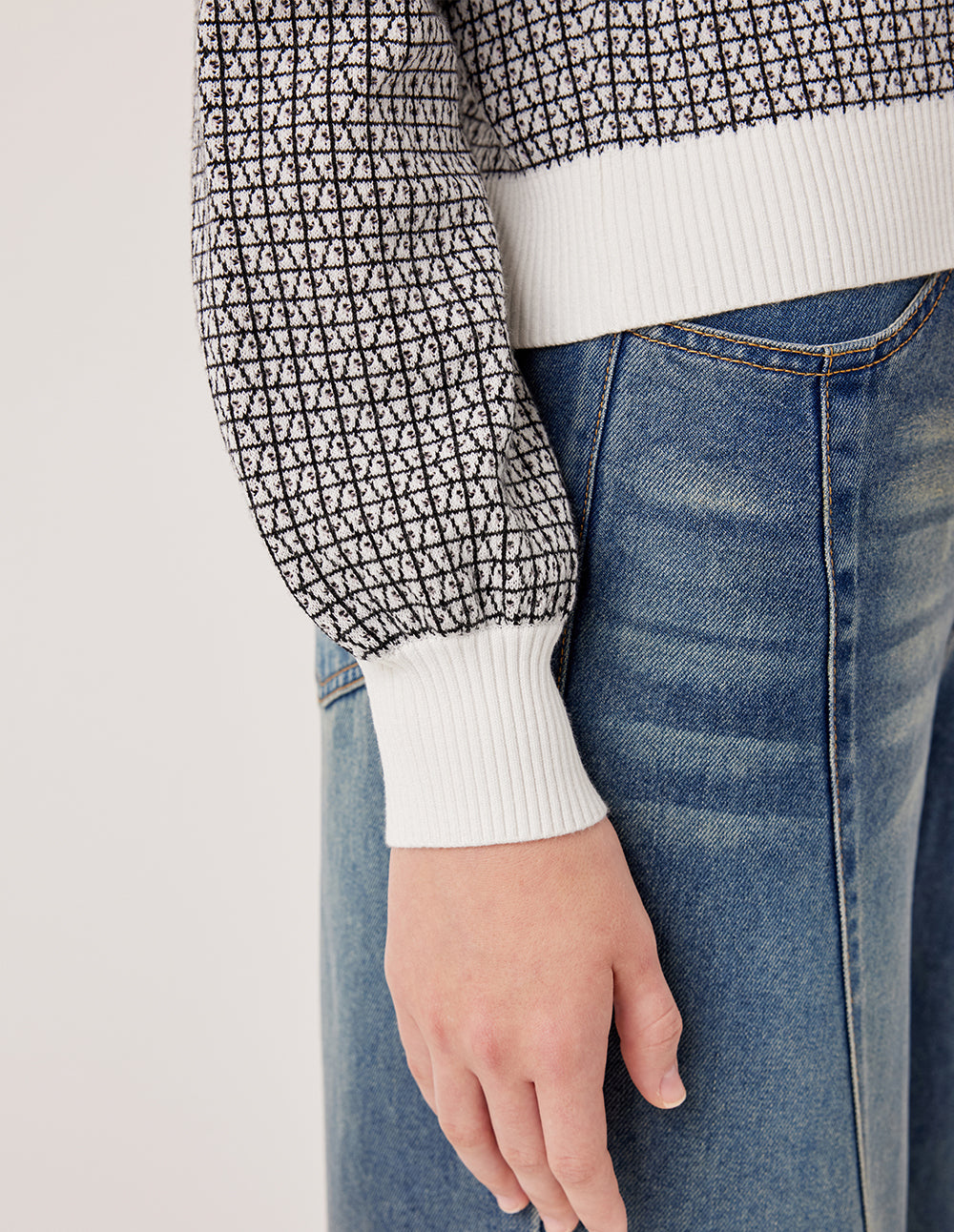 MARYLING Round Neck Long-Sleeve Houndstooth with 2 Pockets Knit Cardigan