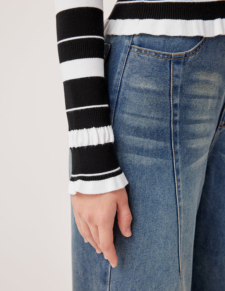 MARYLING V-neck Long-Sleeve Pleated Black And White Striped Contrast knitted cardigan