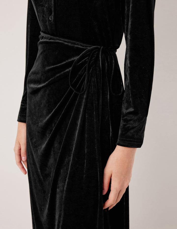 MARYLING V-Neck Ruched Velvet Midi Dress with Side Slit