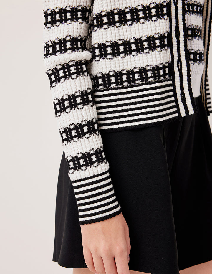 MARYLING V-Neck Long Sleeve Lace Textured Stripe Knit Cardigan