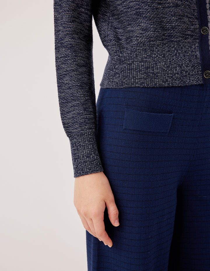 MARYLING Round Neck Ribbed Variegated Blue Wool Cardigan