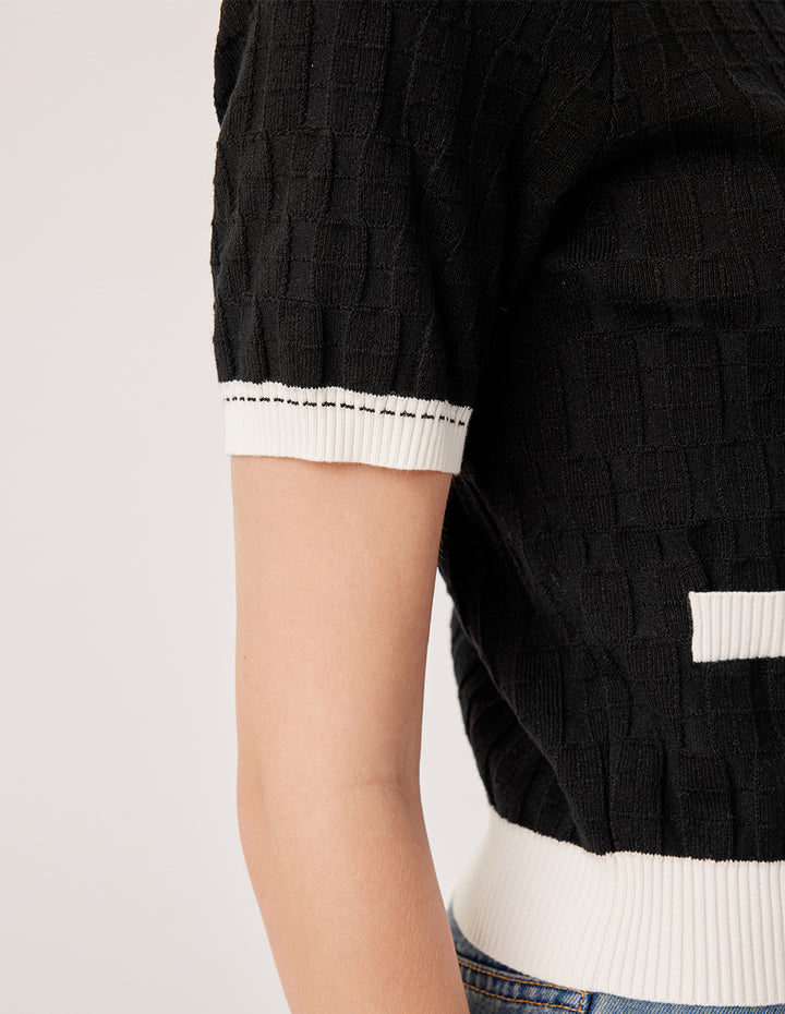 MARYLING Round Neck Half Sleeve White-Trimmed Knit Cardigan