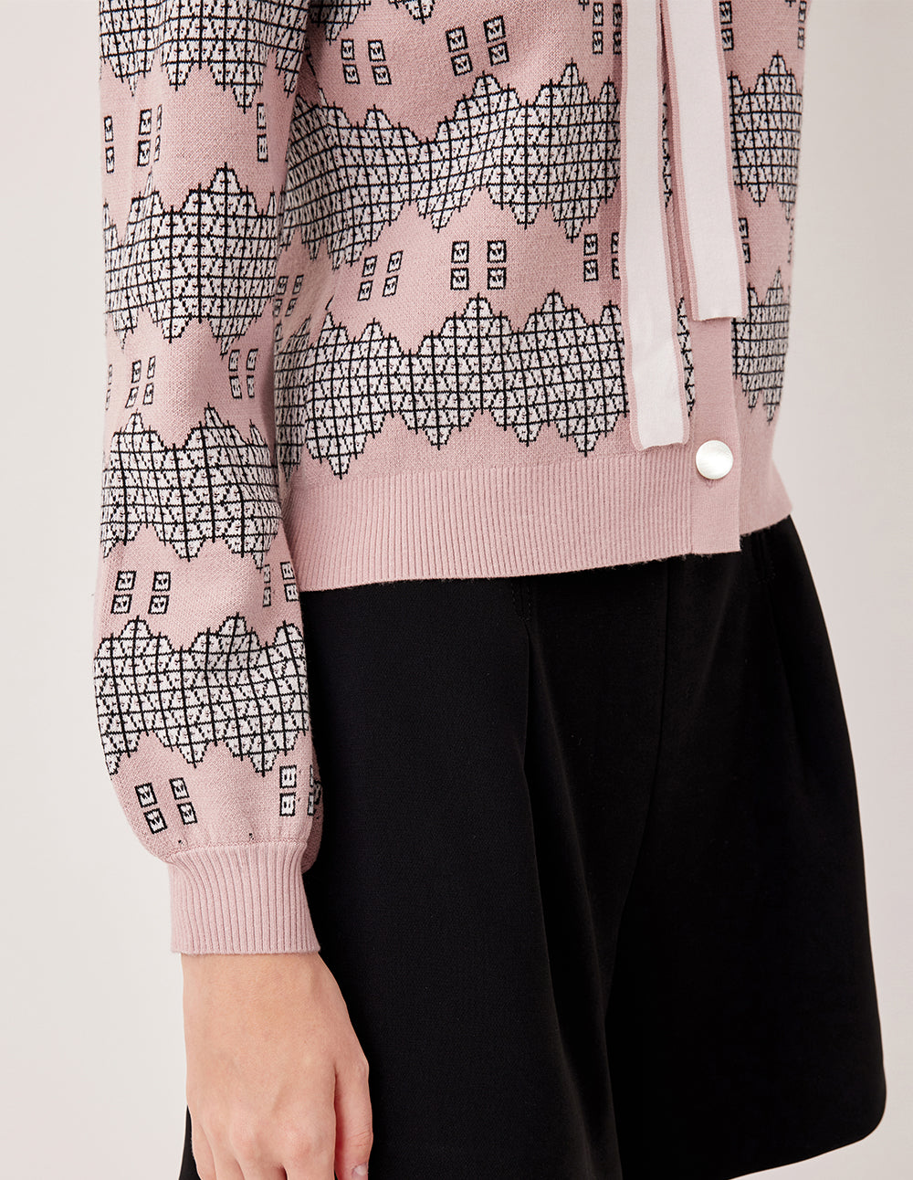 MARYLING Peter Pan Collar Long Puff Sleeve Pink Garden Print Knit Cardigan