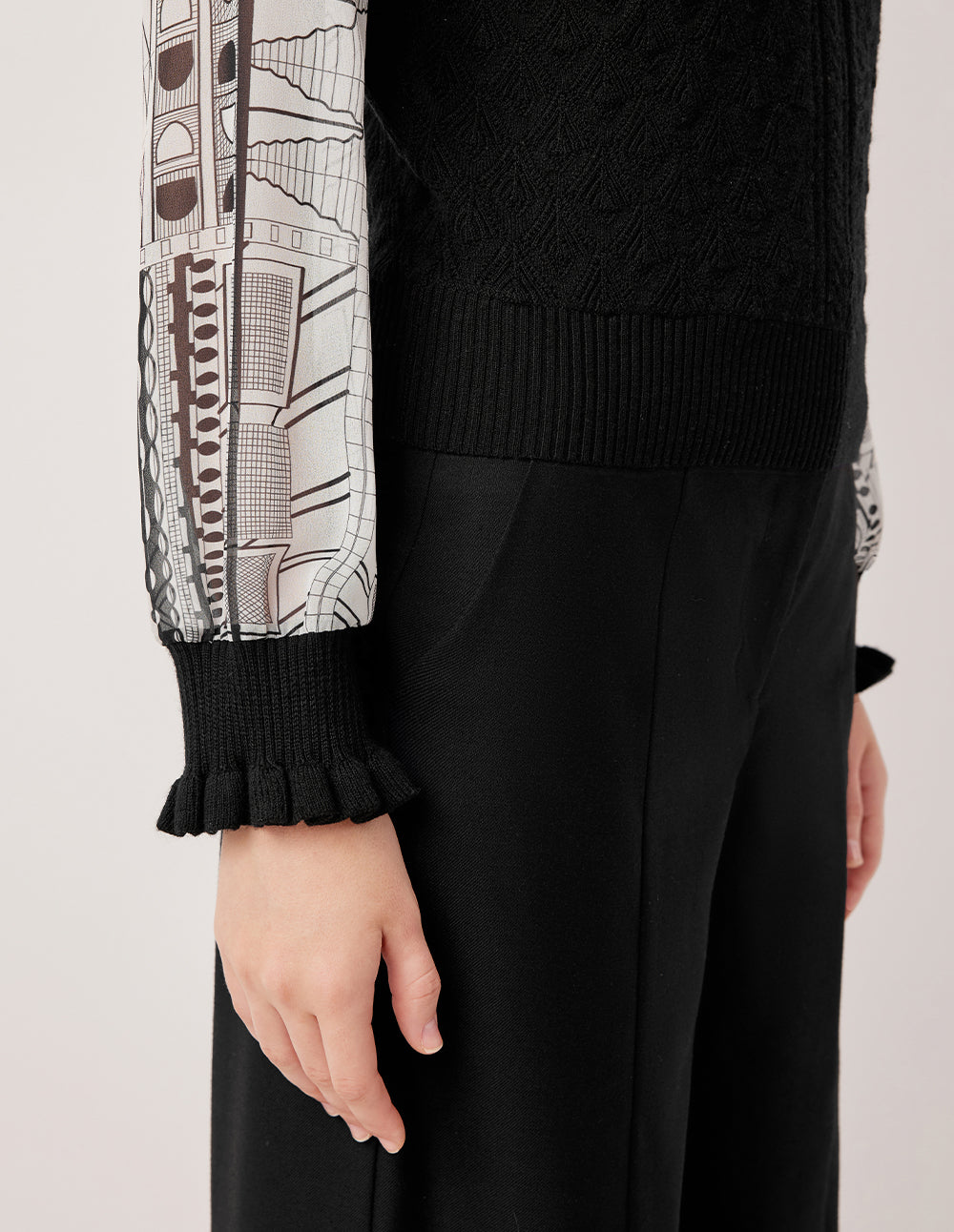 MARYLING Ruffled Turtleneck Printed Knit Long Sleeve Top