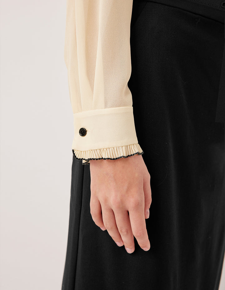 MARYLING V-Neck Long Sleeve Ruffle Trim Pin Tuck Silk Top