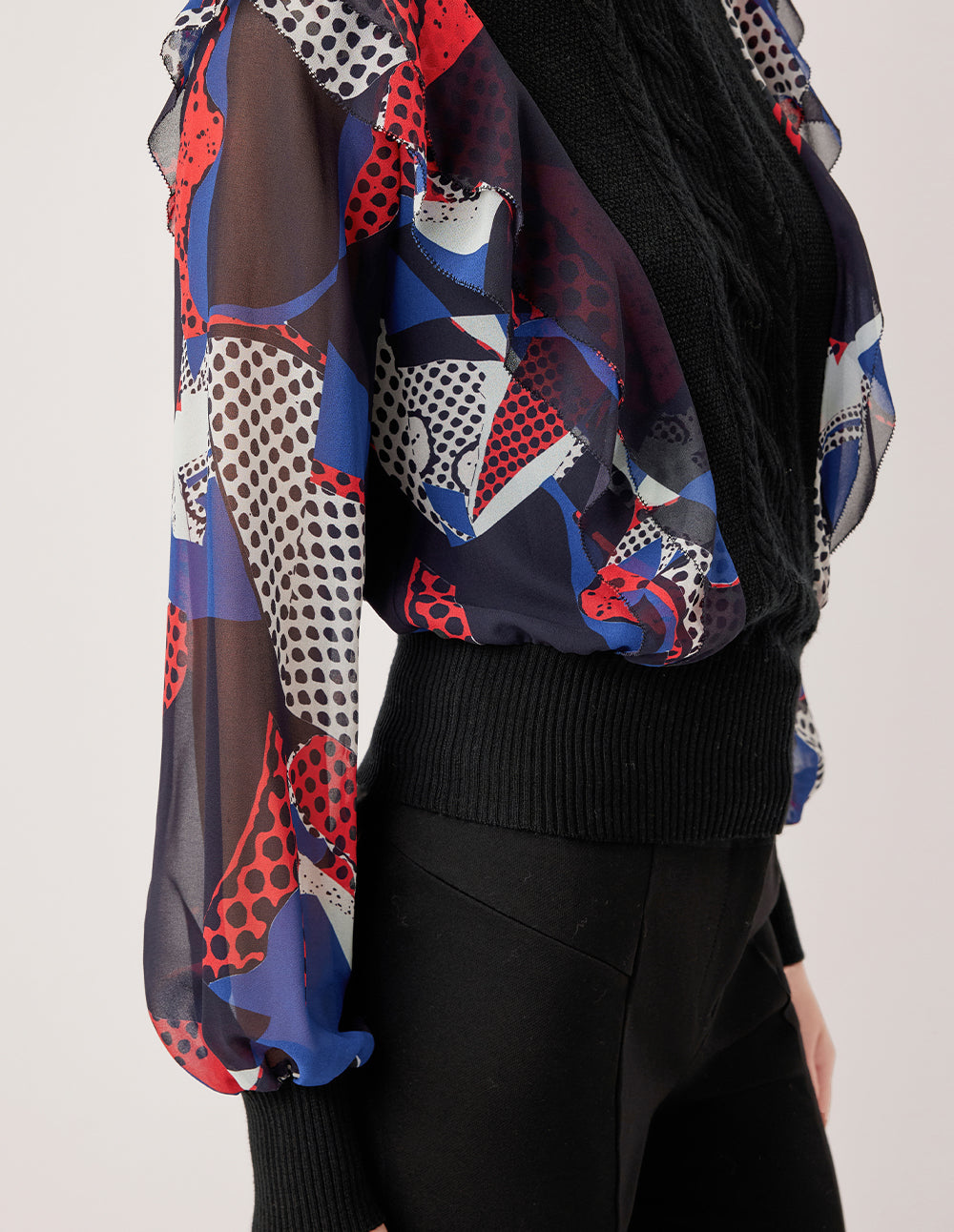 MARYLING Half-High Collar Long-Sleeved Blue & Red Printed Patchwork Knit Pullover