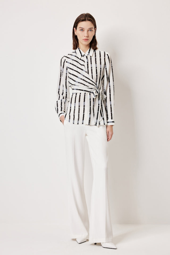 MARYLING Black-Gray Stripe Textured Silhouette Blouses