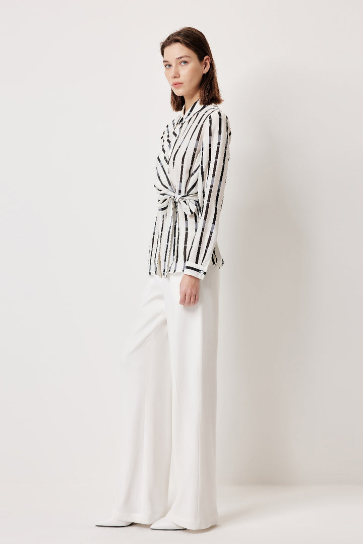 MARYLING Black-Gray Stripe Textured Silhouette Blouses