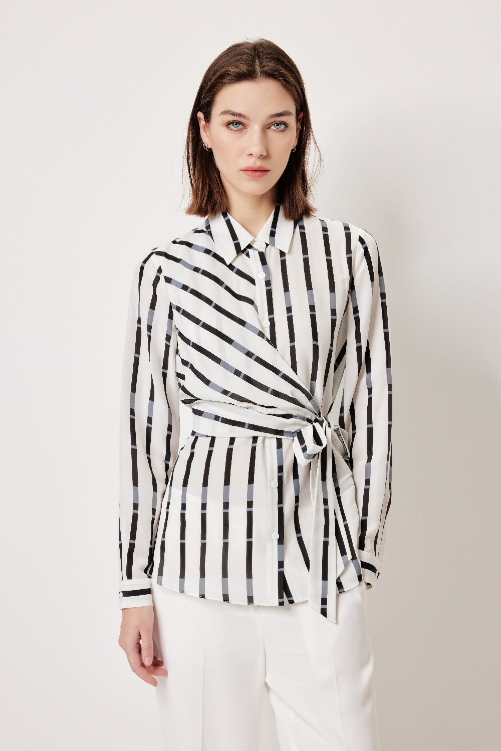 MARYLING Black-Gray Stripe Textured Silhouette Blouses