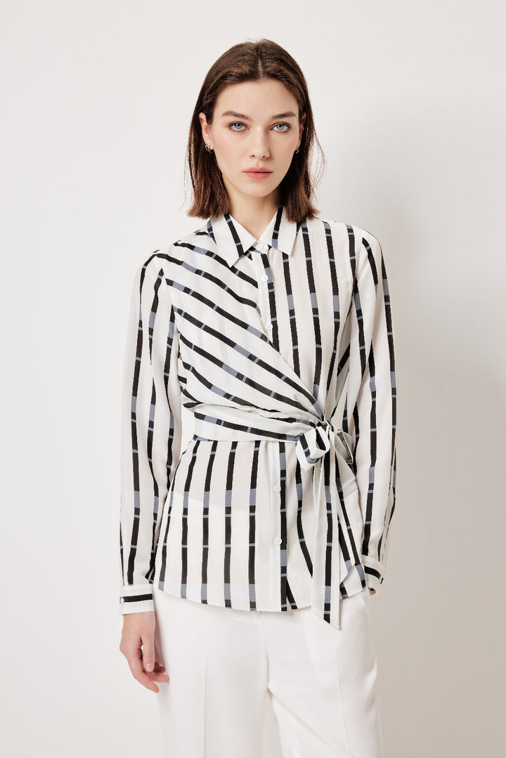 MARYLING Black-Gray Stripe Textured Silhouette Blouses