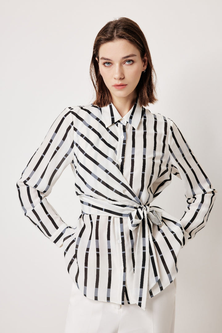 MARYLING Black-Gray Stripe Textured Silhouette Blouses