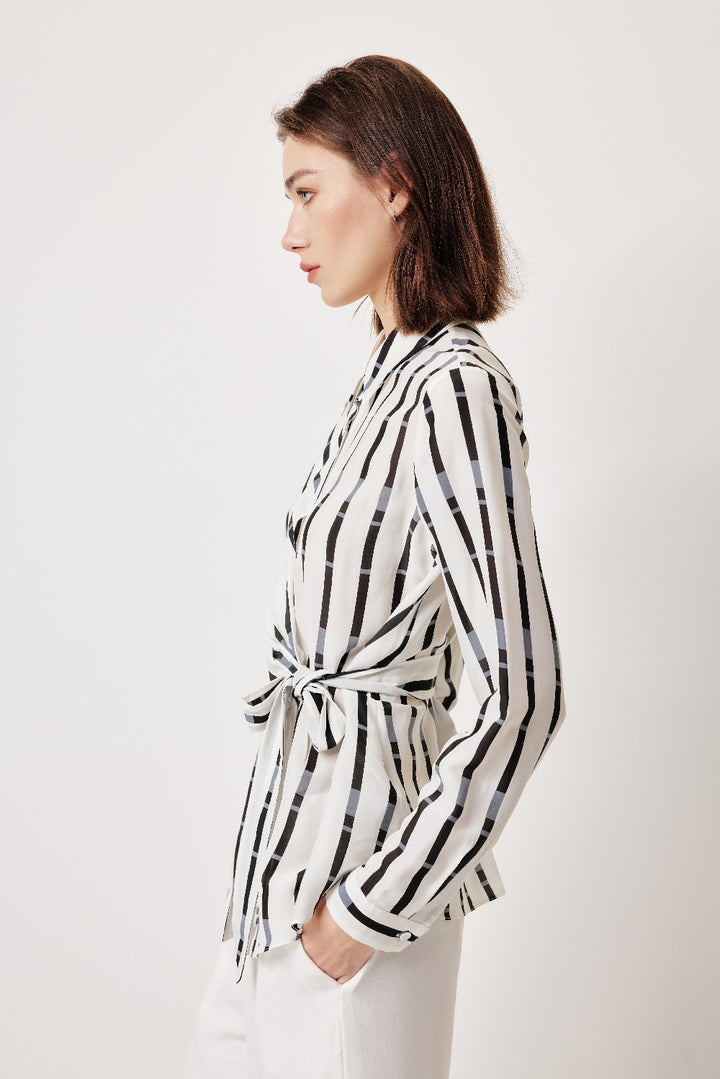 MARYLING Black-Gray Stripe Textured Silhouette Blouses