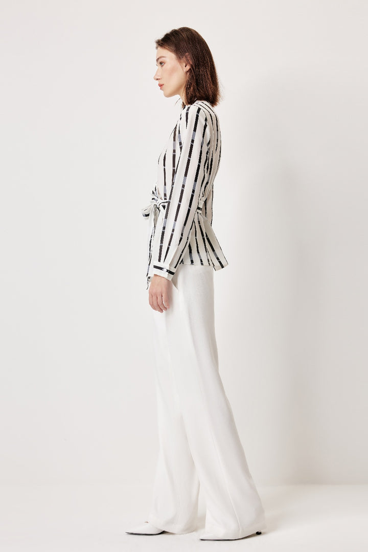 MARYLING Black-Gray Stripe Textured Silhouette Blouses
