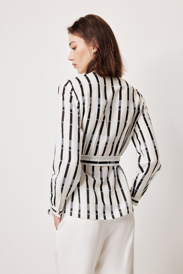 MARYLING Black-Gray Stripe Textured Silhouette Blouses