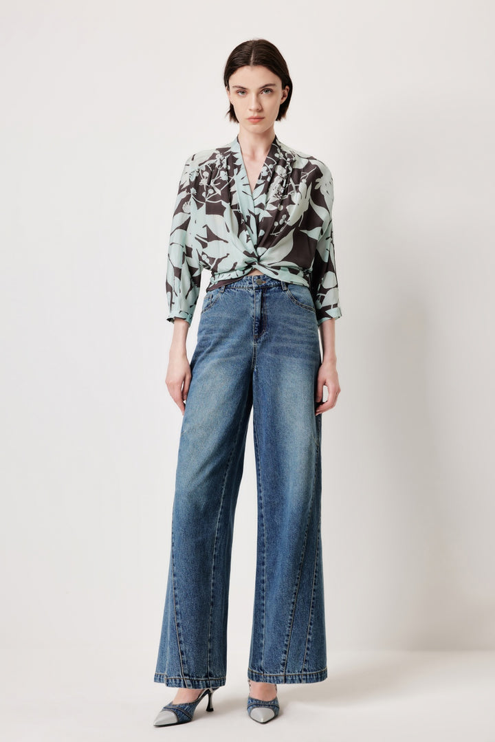 MARYLING Blue-Brown Tree Shadow Print Silk Blouses