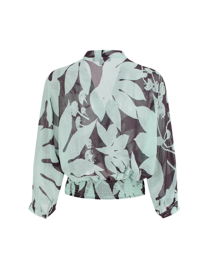 MARYLING Blue-Brown Tree Shadow Print Silk Blouses
