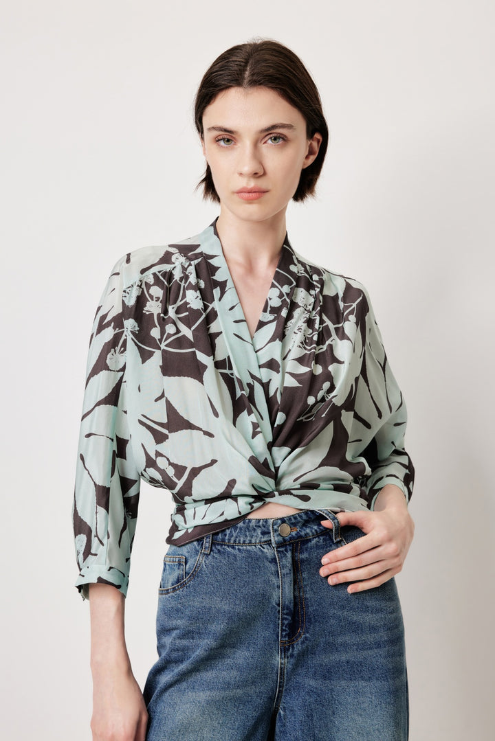 MARYLING Blue-Brown Tree Shadow Print Silk Blouses