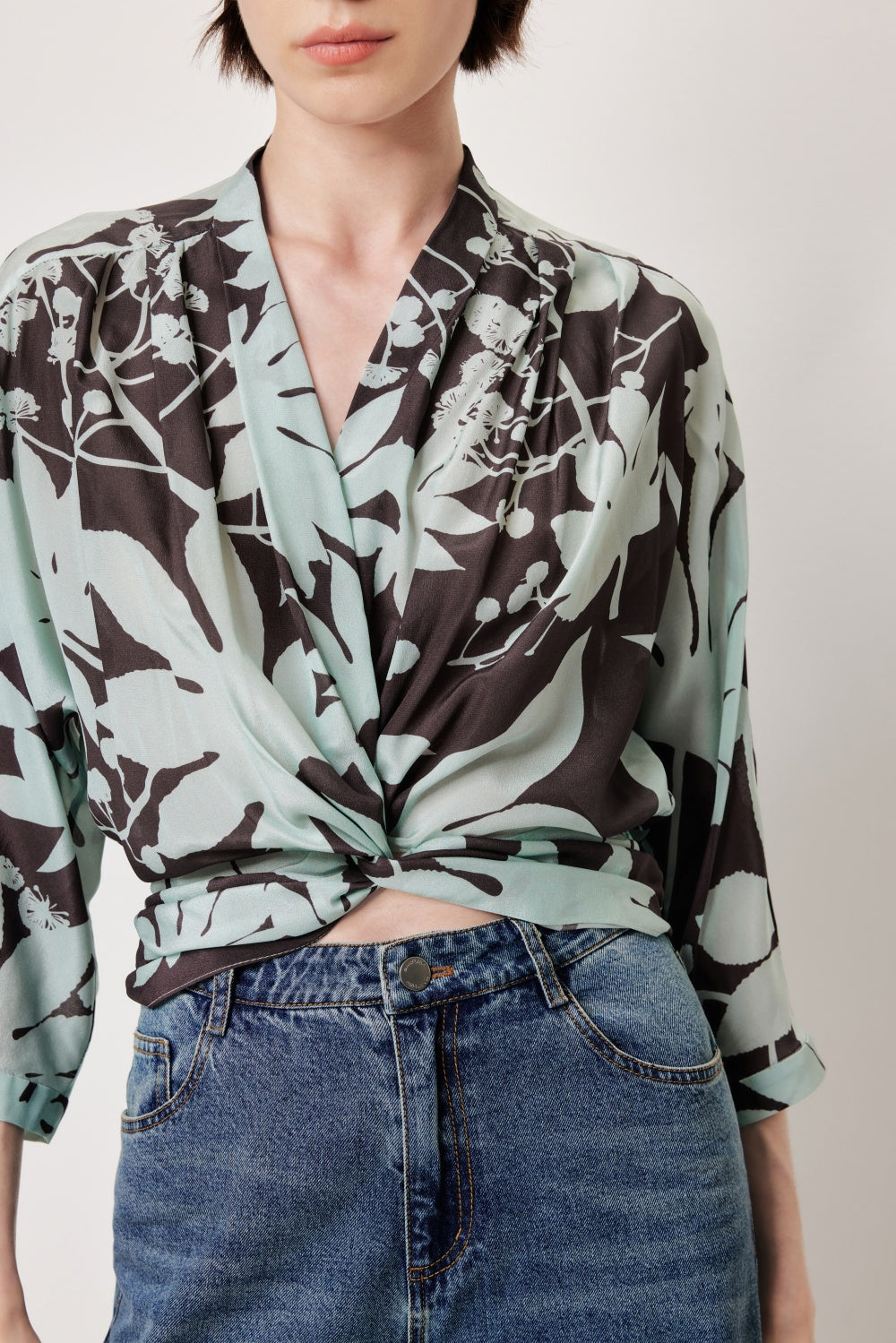 MARYLING Blue-Brown Tree Shadow Print Silk Blouses