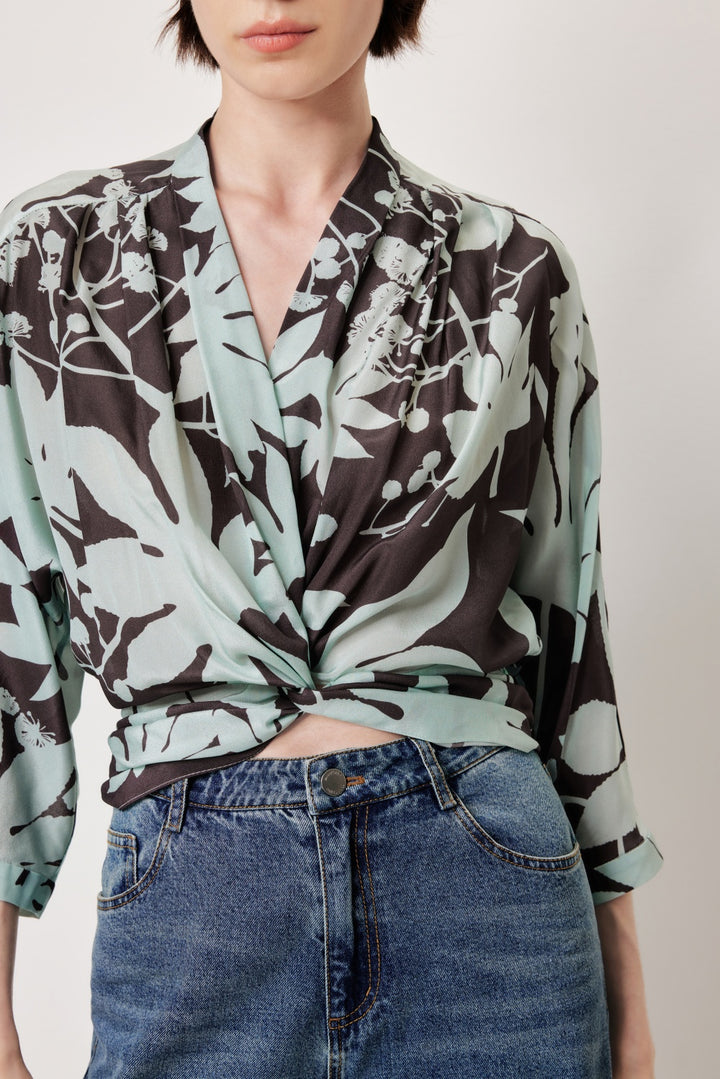 MARYLING Blue-Brown Tree Shadow Print Silk Blouses