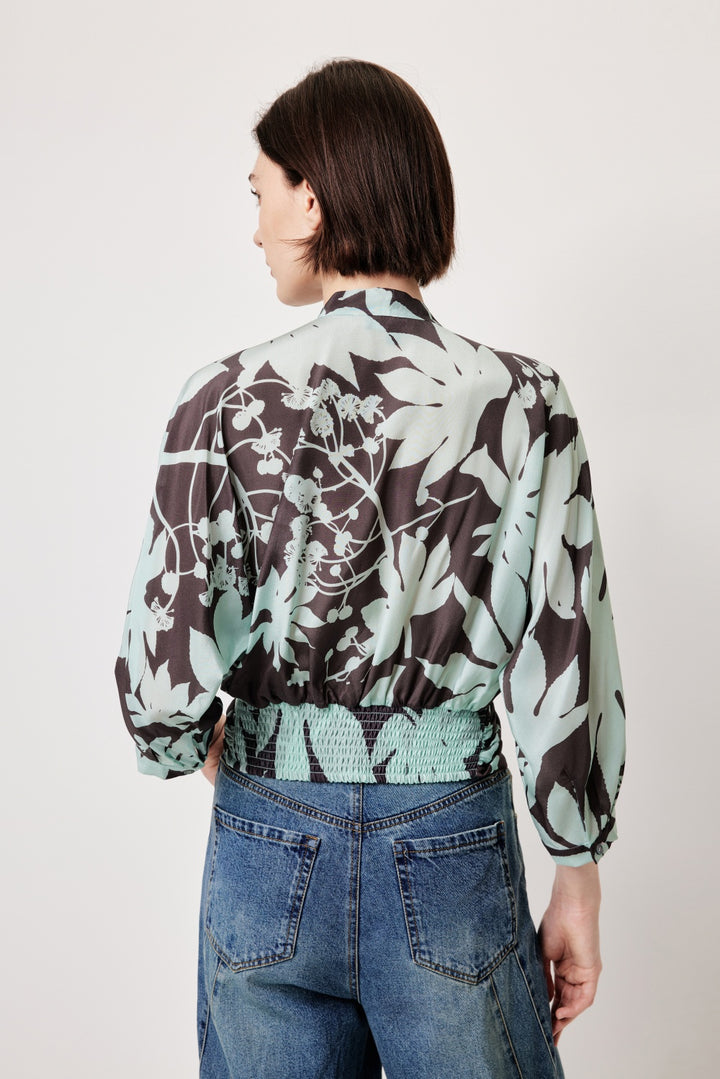 MARYLING Blue-Brown Tree Shadow Print Silk Blouses