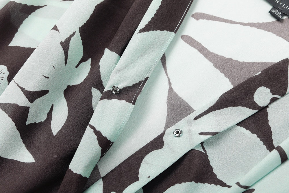 MARYLING Blue-Brown Tree Shadow Print Silk Blouses