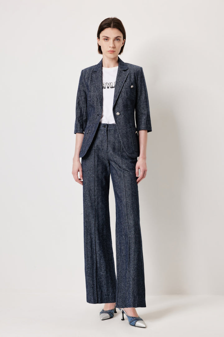 MARYLING Denim Blue Linen-Cotton Blend Trousers