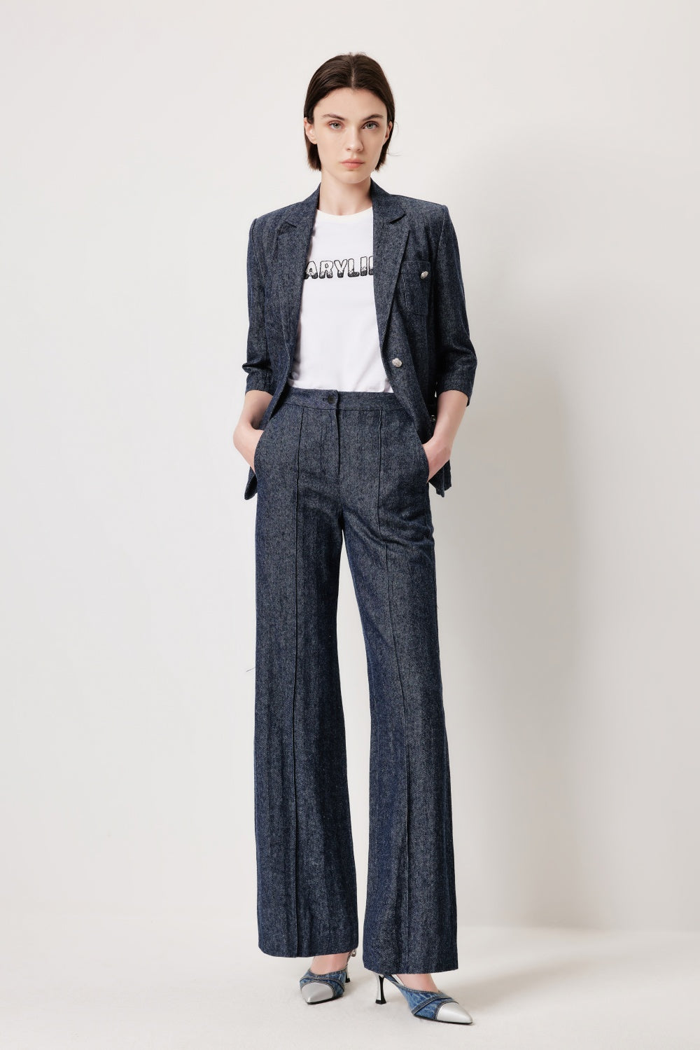MARYLING Denim Blue Linen-Cotton Blend Trousers