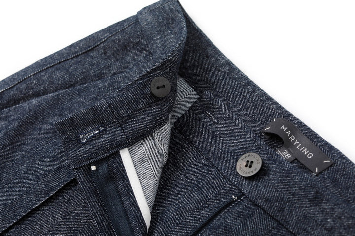 MARYLING Denim Blue Linen-Cotton Blend Trousers