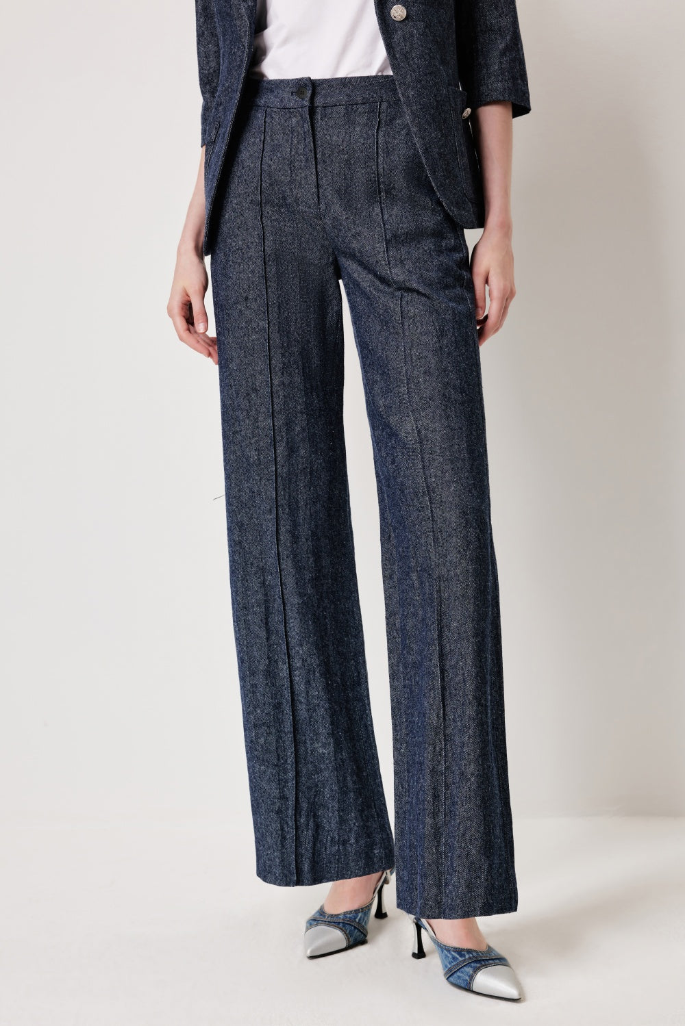 MARYLING Denim Blue Linen-Cotton Blend Trousers