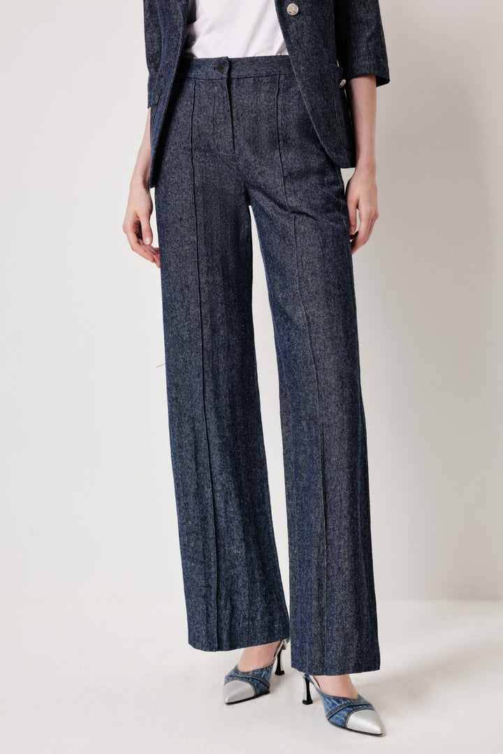 MARYLING Denim Blue Linen-Cotton Blend Trousers